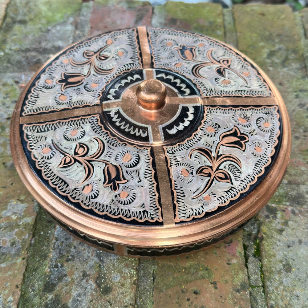 Vintage Hand Etched Copper Trinket Box Lid Round Floral Copper Silver Black 8"